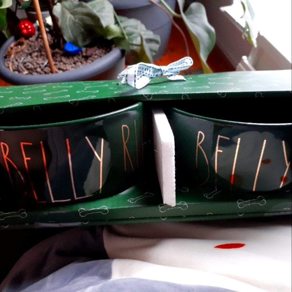 Rae Dunn bark, love and belly rub dog food bowl